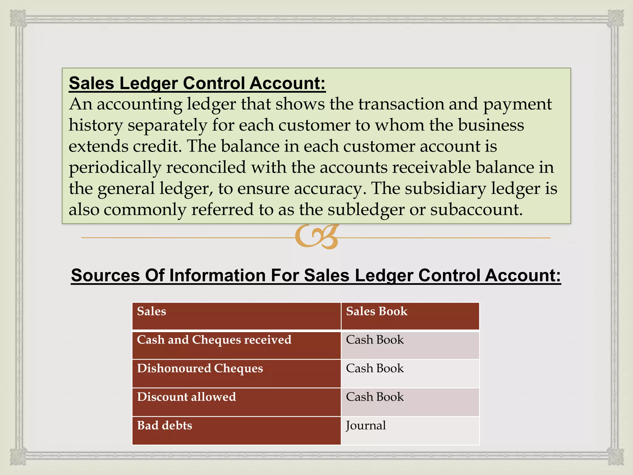 Sales Ledger Control Account:
An accounting ledger that shows the transaction and payment
history separately for each customer to whom the business
extends credit. The balance in each customer account is
periodically reconciled with the accounts receivable balance in
the general ledger, to ensure accuracy. The subsidiary ledger is
also commonly referred to as the subledger or subaccount.



Sources Of Information For Sales Ledger Control Account:
Sales

Sales Book

Cash and Cheques received

Cash Book

Dishonoured Cheques

Cash Book

Discount allowed

Cash Book

Bad debts

Journal

 