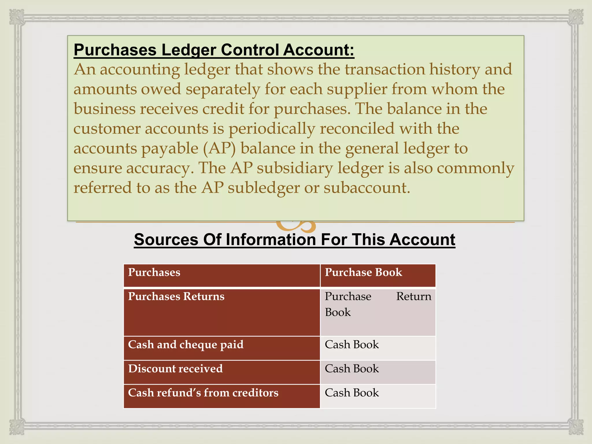 Purchases Ledger Control Account:
An accounting ledger that shows the transaction history and
amounts owed separately for each supplier from whom the
business receives credit for purchases. The balance in the
customer accounts is periodically reconciled with the
accounts payable (AP) balance in the general ledger to
ensure accuracy. The AP subsidiary ledger is also commonly
referred to as the AP subledger or subaccount.



Sources Of Information For This Account
Purchases

Purchase Book

Purchases Returns

Purchase
Book

Cash and cheque paid

Cash Book

Discount received

Cash Book

Cash refund’s from creditors

Cash Book

Return

 
