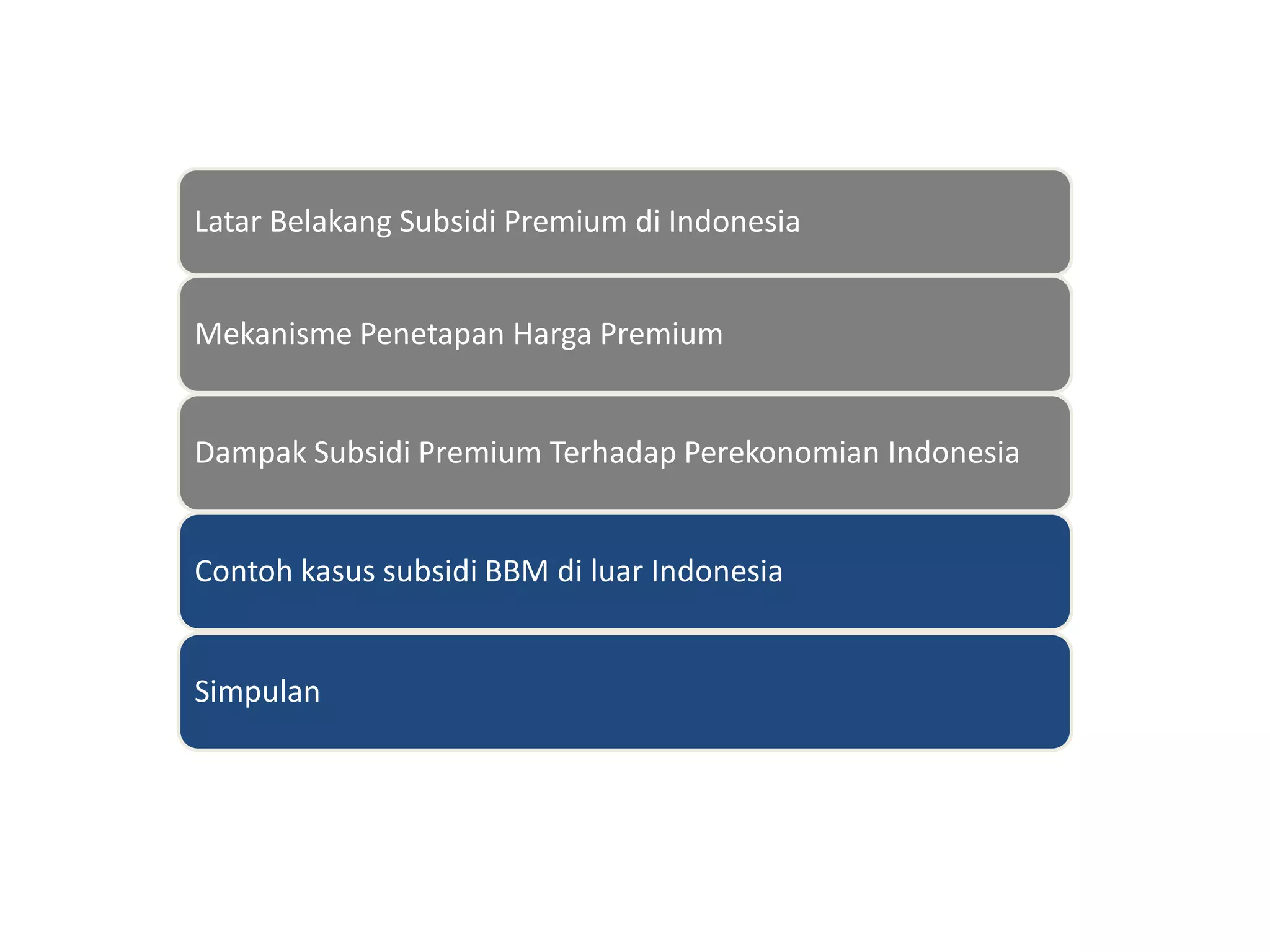 Latar Belakang Subsidi Premium di Indonesia
Mekanisme Penetapan Harga Premium
Dampak Subsidi Premium Terhadap Perekonomian Indonesia
Contoh kasus subsidi BBM di luar Indonesia
Simpulan
 