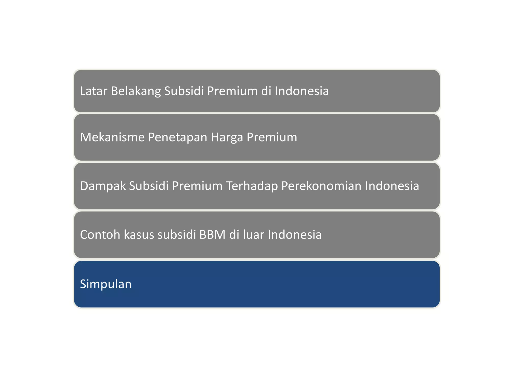 Latar Belakang Subsidi Premium di Indonesia
Mekanisme Penetapan Harga Premium
Dampak Subsidi Premium Terhadap Perekonomian Indonesia
Contoh kasus subsidi BBM di luar Indonesia
Simpulan
 