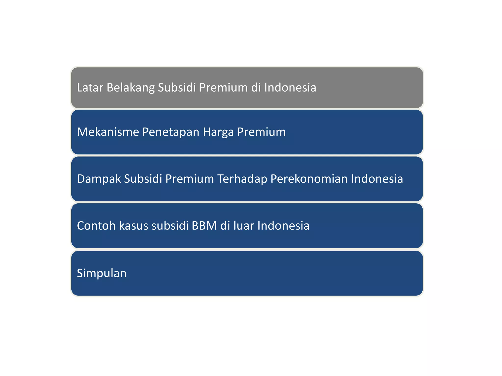 Latar Belakang Subsidi Premium di Indonesia
Mekanisme Penetapan Harga Premium
Dampak Subsidi Premium Terhadap Perekonomian Indonesia
Contoh kasus subsidi BBM di luar Indonesia
Simpulan
 