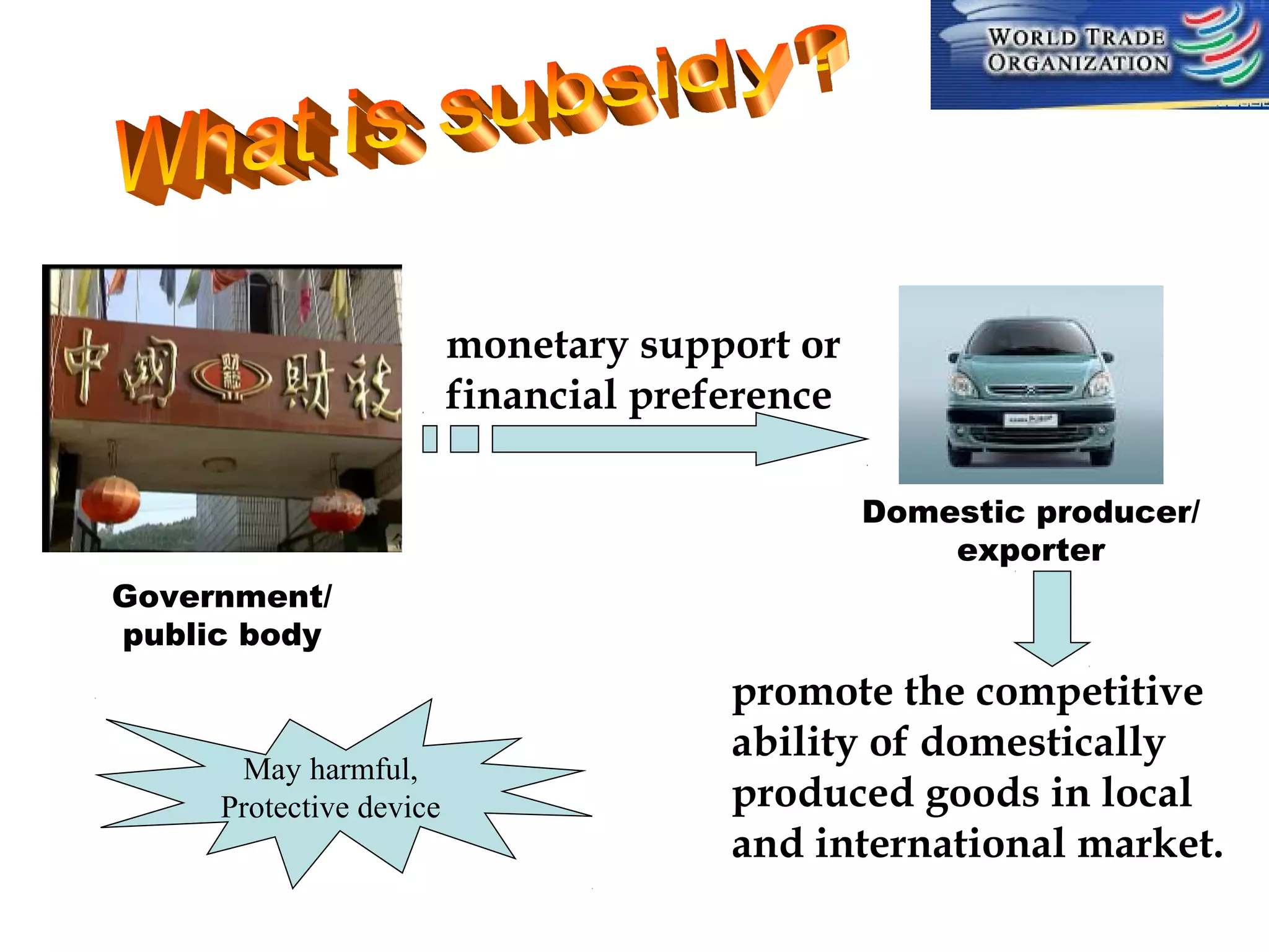 monetary support or
financial preference
Domestic producer/
exporter
Government/
public body

May harmful,
Protective device

promote the competitive
ability of domestically
produced goods in local
and international market.

 