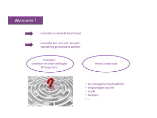 Wanneer?

            Innovatie is concreet beschreven


            Innovatie kan niet met ‘simpele’
            investering gerealiseerd worden



              innovatie!
      onzekere veronderstellingen                       Vereist onderzoek
             & hoog risico




                                               •   technologische haalbaarheid
                                               •   toegevoegde waarde
                                               •   markt
                                               •   business
                                               •   …
 