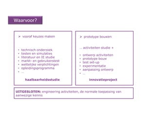 Waarvoor?


  vooraf keuzes maken                 prototype bouwen


                                      … activiteiten studie +
 •   technisch onderzoek
 •   testen en simulaties             •   ontwerp activiteiten
 •   literatuur en IE studie          •   prototype bouw
 •   markt- en gebruikerstest         •   test set-up
 •   wettelijke verplichtingen        •   experimentatie
 •   opleidingsprogramma              •   aanpassing ontwerp
 •   …                                •   …

       haalbaarheidsstudie                    innovatieproject


UITGESLOTEN: engineering activiteiten, de normale toepassing van
aanwezige kennis
 