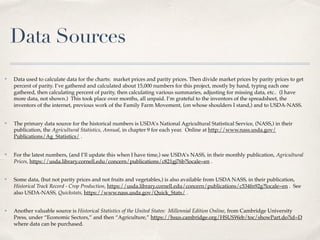 Data Sources
✤ Data used to calculate data for the charts: market prices and parity prices. Then divide market prices by parity prices to get
percent of parity. I’ve gathered and calculated about 15,000 numbers for this project, mostly by hand, typing each one
gathered, then calculating percent of parity, then calculating various summaries, adjusting for missing data, etc.. (I have
more data, not shown.) This took place over months, all unpaid. I’m grateful to the inventors of the spreadsheet, the
inventors of the internet, previous work of the Family Farm Movement, (on whose shoulders I stand,) and to USDA-NASS.
✤ The primary data source for the historical numbers is USDA’s National Agricultural Statistical Service, (NASS,) in their
publication, the Agricultural Statistics, Annual, in chapter 9 for each year. Online at http://www.nass.usda.gov/
Publications/Ag_Statistics/ .
✤ For the latest numbers, (and I’ll update this when I have time,) see USDA’s NASS, in their monthly publication, Agricultural
Prices, https://usda.library.cornell.edu/concern/publications/c821gj76b?locale=en .
✤ Some data, (but not parity prices and not fruits and vegetables,) is also available from USDA NASS, in their publication,
Historical Track Record - Crop Production, https://usda.library.cornell.edu/concern/publications/c534fn92g?locale=en . See
also USDA-NASS, Quickstats, https://www.nass.usda.gov/Quick_Stats/ .
✤ Another valuable source is Historical Statistics of the United States: Millennial Edition Online, from Cambridge University
Press, under “Economic Sectors,” and then “Agriculture,” https://hsus.cambridge.org/HSUSWeb/toc/showPart.do?id=D
where data can be purchased.
 