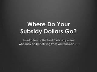Where Do Your
 Subsidy Dollars Go?
  Meet a few of the fossil fuel companies
who may be benefitting from your subsidies…
 