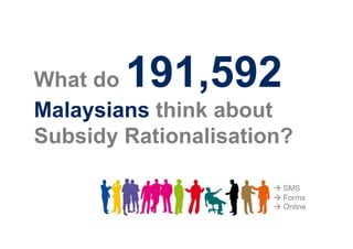 What do 191,592
Malaysians think about
Subsidy Rationalisation?

                       SMS
                       Forms
                       Online
 