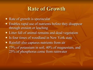 Rate of Growth Rate of growth is spectacular Enables rapid use of nutrients before they disappear through erosion or leaching Litter fall of animal remains and dead vegetation Is four times of woodland in New York state Rainfall also captures nutrients from air 75% of potassium in soil, 40% of magnesium, and 25% of phosphorus come from rainwater 