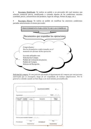• Recompra Modificada: Se realiza un pedido a un proveedor del cual tenemos una
relación comercial previa, modificando o variando algunas de las condiciones iniciales
(cantidad, precio, características del producto, lugar de entrega, formas de pago, etc.).
• Recompra Directa: Se realiza un pedido sin modificar las anteriores condiciones
pactadas anteriormente al mismo proveedor.
Documentos que respaldan las operaciones
Solicitud de compra: Es una petición efectuada al departamento de compras por una persona
autorizada que se encargará, luego de ser respaldada, de realizar adquisiciones. Por lo
general es emitida cuando un bien llega a un stock mínimo preestablecido.
4
PROCEDIMIENTO PARA EFECTUAR LAS COMPRAS
Comprobantes:
Son los formularios confeccionados en el
momento de efectuar dicha operación.
Los más utilizados son:
Solicitud de Compra.
Pedido de Cotización de precios.
Pedido de Compra.
Informe de Recepción.
Comprobantes:
Son los formularios confeccionados en el
momento de efectuar dicha operación.
Los más utilizados son:
Solicitud de Compra.
Pedido de Cotización de precios.
Pedido de Compra.
Informe de Recepción.
 