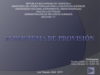 REPUBLICA BOLIVARIANA DE VENEZUELA
MINISTERIO DEL PODER POPULAR PARA LA EDUCACION SUPERIOR
   UNIVERSIDAD NACIONAL EXPERIMENTAL SIMON RODRIGUEZ
                   NUCLEO LOS TEQUES
          ADMINISTRACION DE RECURSOS HUMANOS
                       SECCION: “C”




                                                             Participantes:
                                            Figueira, Carlos C.I 18.537.547
                                            Flores, Génesis C.I 19.931.140



                   Los Teques, Abril 2011
 