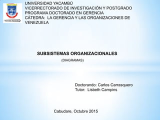 SUBSISTEMAS ORGANIZACIONALES
UNIVERSIDAD YACAMBÚ
VICERRECTORADO DE INVESTIGACIÓN Y POSTGRADO
PROGRAMA DOCTORADO EN GERENCIA
CÁTEDRA: LA GERENCIA Y LAS ORGANIZACIONES DE
VENEZUELA
Doctorando: Carlos Carrasquero
Tutor: Lisbeth Campins
Cabudare, Octubre 2015
(DIAGRAMAS)
 
