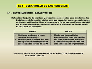 SS4 – DESARROLLO DE LAS PERSONAS 
4.1 – ENTRENAMIENTO / CAPACITACIÓN 
Definición: Conjunto de técnicas y procedimientos creadas para brindarle a los 
trabajadores información básica para que aprendan nuevos conocimientos, 
actitudes, habilidades, ideas y conceptos, a fin de que modifiquen sus hábi-tos 
y comportamientos y sean más eficaces y eficientes en lo que hacen. 
El ENFOQUE ha cambiado… 
ANTES AHORA 
• Medio para adecuar a cada 
persona a su trabajo. 
• Proceso para preparar a la per-sona 
para que desempeñe con 
excelencia las tareas de su PT. 
• Medio que desarrolla las 
Competencias para que puedan 
ser más productivas, creativas 
e innovadoras y sean cada vez 
más valiosas a la organización. 
Por tanto, PUEDE SER SUSTENTADA EN EL PUESTO DE TRABAJO O EN 
LAS COMPETENCIAS… 
 