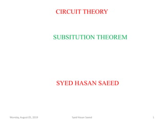 CIRCUIT THEORY
SUBSITUTION THEOREM
SYED HASAN SAEED
Monday, August 05, 2019 1Syed Hasan Saeed
 