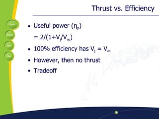 Thrust vs. Efficiency Useful power ( η p ) = 2/(1+V j /V ∞ ) 100% efficiency has V j  = V ∞ However, then no thrust Tradeoff 