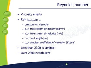 Reynolds number Viscosity effects Re=  ρ ∞ v ∞ c/ μ  ∞ pressure vs. viscosity ρ ∞ = free stream air density [kg/m 3 ] V ∞ = free stream air velocity [m/s] c= chord length [m]  μ ∞ = ambient coefficient of viscosity; [Kg/ms] Less than 2300 is laminar Over 2300 is turbulent 