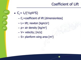 Coefficient of Lift C L = L/( ½ ρ V 2 S) C L =coefficient of lift [dimensionless] L= lift; newton [kgm/s 2 ] ρ = air density [kg/m 3 ] V= velocity; [m/s] S= planform wing area [m 2 ] 