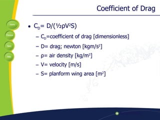 Coefficient of Drag C D = D/( ½ ρ V 2 S) C D =coefficient of drag [dimensionless] D= drag; newton   [kgm/s 2 ] ρ = air density [kg/m 3 ] V= velocity [m/s] S= planform wing area [m 2 ] 