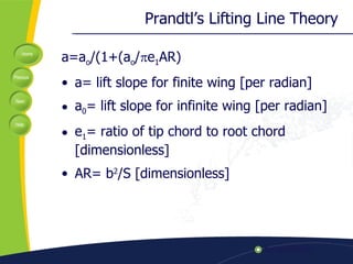 Prandtl’s Lifting Line Theory  a=a o /(1+(a o /  e 1 AR) a= lift slope for finite wing [per radian] a 0 = lift slope for infinite wing [per radian] e 1 = ratio of tip chord to root chord [dimensionless] AR= b 2 /S  [dimensionless] 