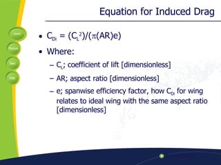 Equation for Induced Drag C Di  = (C L 2 )/(  (AR)e) Where: C L ; coefficient of lift [dimensionless] AR; aspect ratio [dimensionless] e; spanwise efficiency factor, how C Di  for wing relates to ideal wing with the same aspect ratio [dimensionless] 