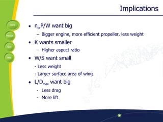 Implications η pr P/W want big Bigger engine, more efficient propeller, less weight K wants smaller Higher aspect ratio W/S want small - Less weight - Larger surface area of wing L/D max  want big Less drag More lift 