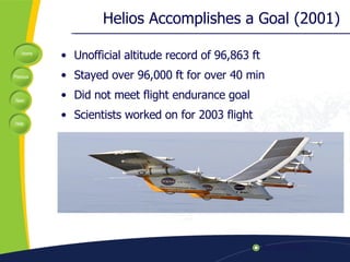 Helios Accomplishes a Goal (2001) Unofficial altitude record of 96,863 ft Stayed over 96,000 ft for over 40 min Did not meet flight endurance goal Scientists worked on for 2003 flight 