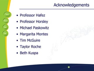 Acknowledgements Professor Hafez Professor Horsley Michael Paskowitz Margarita Montes Tim McGuire Taylor Roche Beth Kuspa 