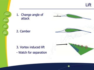 Lift Change angle of attack 2. Camber 3. Vortex induced lift - Watch for separation 