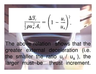 The above relation shows that the
greater external deceleration (i.e.
the smaller the ratio ui / ua ), the
larger must be thrust increment.

 