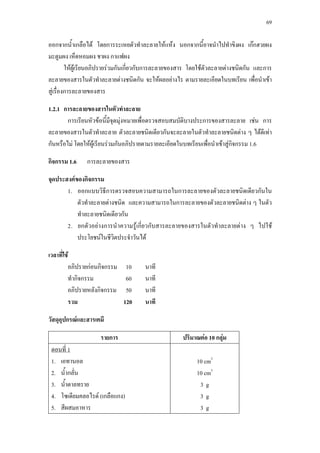 69



ออกจากนํ้าเกลือได โดยการระเหยตัวทําละลายใหแหง นอกจากนี้อาจนําไปทําขิงผง เกกฮวยผง
มะตูมผง เห็ดหอมผง ชาผง กาแฟผง
         ใหผเู รียนอภิปรายรวมกันเกี่ยวกับการละลายของสาร โดยใชตัวละลายตางชนิดกัน และการ
ละลายของสารในตัวทําละลายตางชนิดกัน จะใหผลอยางไร ตามรายละเอียดในบทเรียน เพื่อนําเขา
สูเรื่องการละลายของสาร

1.2.1 การละลายของสารในตัวทําละลาย
        การเรียนหัวขอนี้มีจุดมุงหมายเพื่อตรวจสอบสมบัติบางประการของสารละลาย เชน การ
ละลายของสารในตัวทําละลาย ตัวละลายชนิดเดียวกันจะละลายในตัวทําละลายชนิดตาง ๆ ไดดีเทา
กันหรือไม โดยใหผูเรียนรวมกันอภิปรายตามรายละเอียดในบทเรียนเพื่อนําเขาสูกิจกรรม 1.6

กิจกรรม 1.6    การละลายของสาร

จุดประสงคของกิจกรรม
       1. ออกแบบวิธีการตรวจสอบความสามารถในการละลายของตัวละลายชนิดเดียวกันใน
           ตัวทําละลายตางชนิด และความสามารถในการละลายของตัวละลายชนิดตาง ๆ ในตัว
           ทําละลายชนิดเดียวกัน
       2. ยกตัวอยางการนํ าความรูเกี่ยวกับสารละลายของสารในตัวทํ าละลายตาง ๆ ไปใช
           ประโยชนในชีวิตประจําวันได

เวลาที่ใช
         อภิปรายกอนกิจกรรม 10         นาที
         ทํากิจกรรม          60        นาที
         อภิปรายหลังกิจกรรม 50         นาที
         รวม                120        นาที

วัสดุอุปกรณและสารเคมี

                     รายการ                           ปริมาณตอ 10 กลุม
 ตอนที่ 1
 1. เอทานอล                                                 10 cm3
 2. นํ้ากลั่น                                               10 cm3
 3. นํ้าตาลทราย                                              3g
 4. โซเดียมคลอไรด (เกลือแกง)                                3g
 5. สีผสมอาหาร                                               3g
 