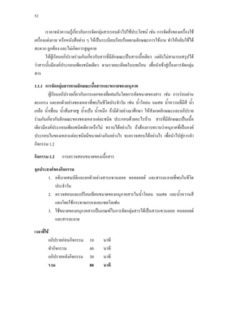 52



      เราอาจนําความรูเกี่ยวกับการจัดกลุมสารรอบตัวไปใชประโยชน เชน การจัดสิ่งของเครื่องใช
เครืองแตงกาย หรือหนังสือตาง ๆ ใหเปนระเบียบเรียบรอยตามลักษณะการใชงาน ทําใหหยิบใชได
    ่
สะดวก ถูกตอง และไมเกิดการสูญหาย
      ใหผูเรียนอภิปรายรวมกันเกี่ยวกับสารที่มีลักษณะเปนสารเนื้อเดียว แตยังไมสามารถสรุปได
วาสารนั้นมีองคประกอบเพียงชนิดเดียว ตามรายละเอียดในบทเรียน เพื่อนําเขาสูเรื่องการจัดกลุม
สาร

1.1.1 การจัดกลุมสารตามลักษณะเนื้อสารและขนาดของอนุภาค
          ผูเ รียนอภิปรายเกี่ยวกับการแยกของที่ผสมกันโดยการคัดขนาดของสาร เชน การรอนผาน
ตะแกรง และยกตัวอยางของเหลวที่พบในชีวิตประจําวัน เชน นํ้าโคลน นมสด นํ้าหวานที่มีสี นํ้า
เกลือ นําเชื่อม นํ้าสมสายชู นํ้าแปง นํ้าหมึก ถามีตัวอยางมาศึกษา ใหสังเกตลักษณะและอภิปราย
        ้
รวมกันเกียวกับลักษณะของของเหลวแตละชนิด ประกอบดวยอะไรบาง สารที่มีลักษณะเปนเนื้อ
           ่
เดียวมีองคประกอบเพียงชนิดเดียวหรือไม ทราบไดอยางไร ถาตองการทราบวาอนุภาคที่เปนองค
ประกอบในของเหลวแตละชนิดมีขนาดตางกันอยางไร จะตรวจสอบไดอยางไร เพื่อนําไปสูการทํา
กิจกรรม 1.2

กิจกรรม 1.2     การตรวจสอบขนาดของเนื้อสาร

จุดประสงคของกิจกรรม
       1. อธิบายสมบัติและยกตัวอยางสารแขวนลอย คอลลอยด และสารละลายที่พบในชีวต ิ
           ประจําวัน
       2. ตรวจสอบและเปรียบเทียบขนาดของอนุภาคสารในนํ้าโคลน นมสด และนํ้าหวานสี
           แดงโดยใชกระดาษกรองและเซลโลเฟน
       3. ใชขนาดของอนุภาคสารเปนเกณฑในการจัดกลุมสารไดเปนสารแขวนลอย คอลลอยด
           และสารละลาย

เวลาที่ใช
         อภิปรายกอนกิจกรรม     10      นาที
         ทํากิจกรรม             40      นาที
         อภิปรายหลังกิจกรรม     30      นาที
         รวม                    80      นาที
 