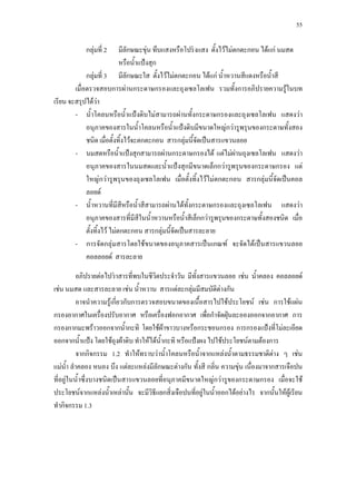 55



            กลุมที่ 2     มีลกษณะขุน ทึบแสงหรือโปรงแสง ตั้งไวไมตกตะกอน ไดแก นมสด
                               ั
                           หรือนํ้าแปงสุก
             กลุมที่ 3 มีลกษณะใส ตั้งไวไมตกตะกอน ไดแก นํ้าหวานสีแดงหรือนํ้าสี
                                 ั
        เมื่อตรวจสอบการผานกระดาษกรองและถุงเซลโลเฟน รวมทั้งการอภิปรายความรูในบท
เรียน จะสรุปไดวา
        - นํ้าโคลนหรือนํ้าแปงดิบไมสามารถผานทั้งกระดาษกรองและถุงเซลโลเฟน แสดงวา
             อนุภาคของสารในนํ้าโคลนหรือนํ้าแปงดิบมีขนาดใหญกวารูพรุนของกระดาษทั้งสอง
             ชนิด เมือตั้งทิ้งไวจะตกตะกอน สารกลุมนี้จัดเปนสารแขวนลอย
                       ่
        - นมสดหรือนํ้าแปงสุกสามารถผานกระดาษกรองได แตไมผานถุงเซลโลเฟน แสดงวา
             อนุภาคของสารในนมสดและนํ้าแปงสุกมีขนาดเล็กกวารูพรุนของกระดาษกรอง แต
             ใหญกวารูพรุนของถุงเซลโลเฟน เมื่อตั้งทิ้งไวไมตกตะกอน สารกลุมนี้จัดเปนคอล
             ลอยด
        - นํ้าหวานที่มีสีหรือนํ้าสีสามารถผานไดทั้งกระดาษกรองและถุงเซลโลเฟน แสดงวา
             อนุภาคของสารที่มีสีในนํ้าหวานหรือนํ้าสีเล็กกวารูพรุนของกระดาษทั้งสองชนิด เมื่อ
             ตังทิงไว ไมตกตะกอน สารกลุมนี้จัดเปนสารละลาย
               ้ ้
        - การจัดกลุมสารโดยใชขนาดของอนุภาคสารเปนเกณฑ จะจัดไดเปนสารแขวนลอย
             คอลลอยด สารละลาย

          อภิปรายตอไปวาสารที่พบในชีวิตประจําวัน มีทั้งสารแขวนลอย เชน นํ้าคลอง คอลลอยด
เชน นมสด และสารละลาย เชน นํ้าหวาน สารแตละกลุมมีสมบัติตางกัน
          อาจนําความรูเกี่ยวกับการตรวจสอบขนาดของเนื้อสารไปใชประโยชน เชน การใชแผน
กรองอากาศในเครื่องปรับอากาศ หรือเครื่องฟอกอากาศ เพื่อกําจัดฝุนละอองออกจากอากาศ การ
กรองกากมะพราวออกจากนํ้ากะทิ โดยใชผาขาวบางหรือกระชอนกรอง การกรองแปงที่โมละเอียด
ออกจากนําแปง โดยใชถุงผาดิบ ทําใหไดนํ้ากะทิ หรือแปงผง ไปใชประโยชนตามตองการ
             ้
          จากกิจกรรม 1.2 ทําใหทราบวานํ้าโคลนหรือนํ้าจากแหลงนํ้าตามธรรมชาติตาง ๆ เชน
แมนา ลําคลอง หนอง บึง แตละแหลงมีลักษณะตางกัน ทั้งสี กลิ่น ความขุน เนื่องมาจากสารเจือปน
       ํ้
ที่อยูในนํ้าซึ่งบางชนิดเปนสารแขวนลอยที่อนุภาคมีขนาดใหญกวารูของกระดาษกรอง เมื่อจะใช
ประโยชนจากแหลงนํ้าเหลานั้น จะมีวิธีแยกสิ่งเจือปนที่อยูในนํ้าออกไดอยางไร จากนั้นใหผูเรียน
ทํากิจกรรม 1.3
 