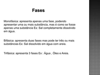 Fases

Monofásica: apresenta apenas uma fase, podendo
apresentar uma ou mais substância, mas é como se fosse
apenas uma substância Ex: Sal completamente dissolvido
em água.


Bifásica: apresenta duas fases mas pode ter três ou mais
substâncias Ex: Sal dissolvido em água com areia.


Trifásica: apresenta 3 fases Ex : Água , Óleo e Areia.
 