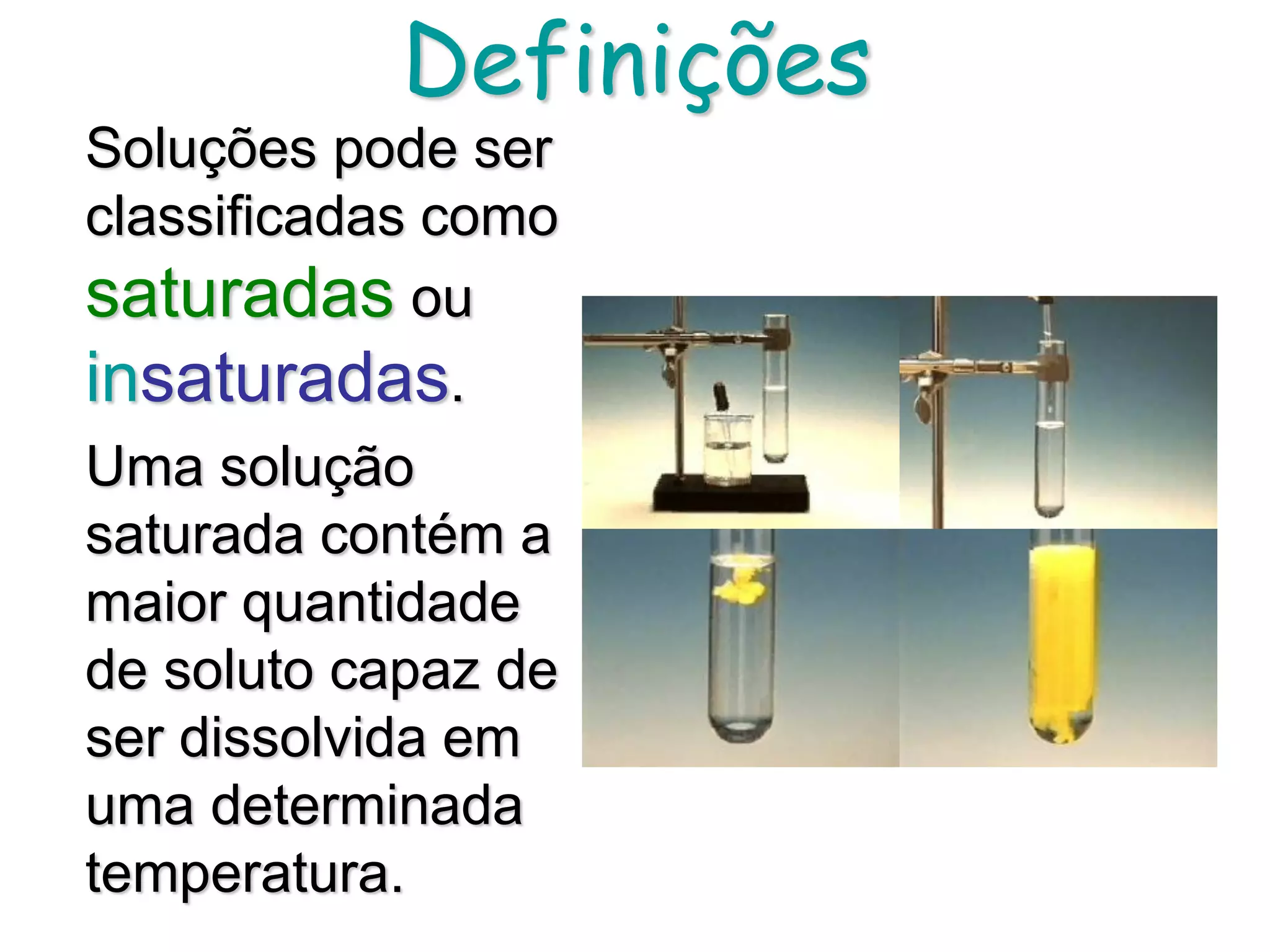 Definições
Soluções pode ser
classificadas como
saturadas ou
insaturadas.
Uma solução
saturada contém a
maior quantidade
de soluto capaz de
ser dissolvida em
uma determinada
temperatura.
 