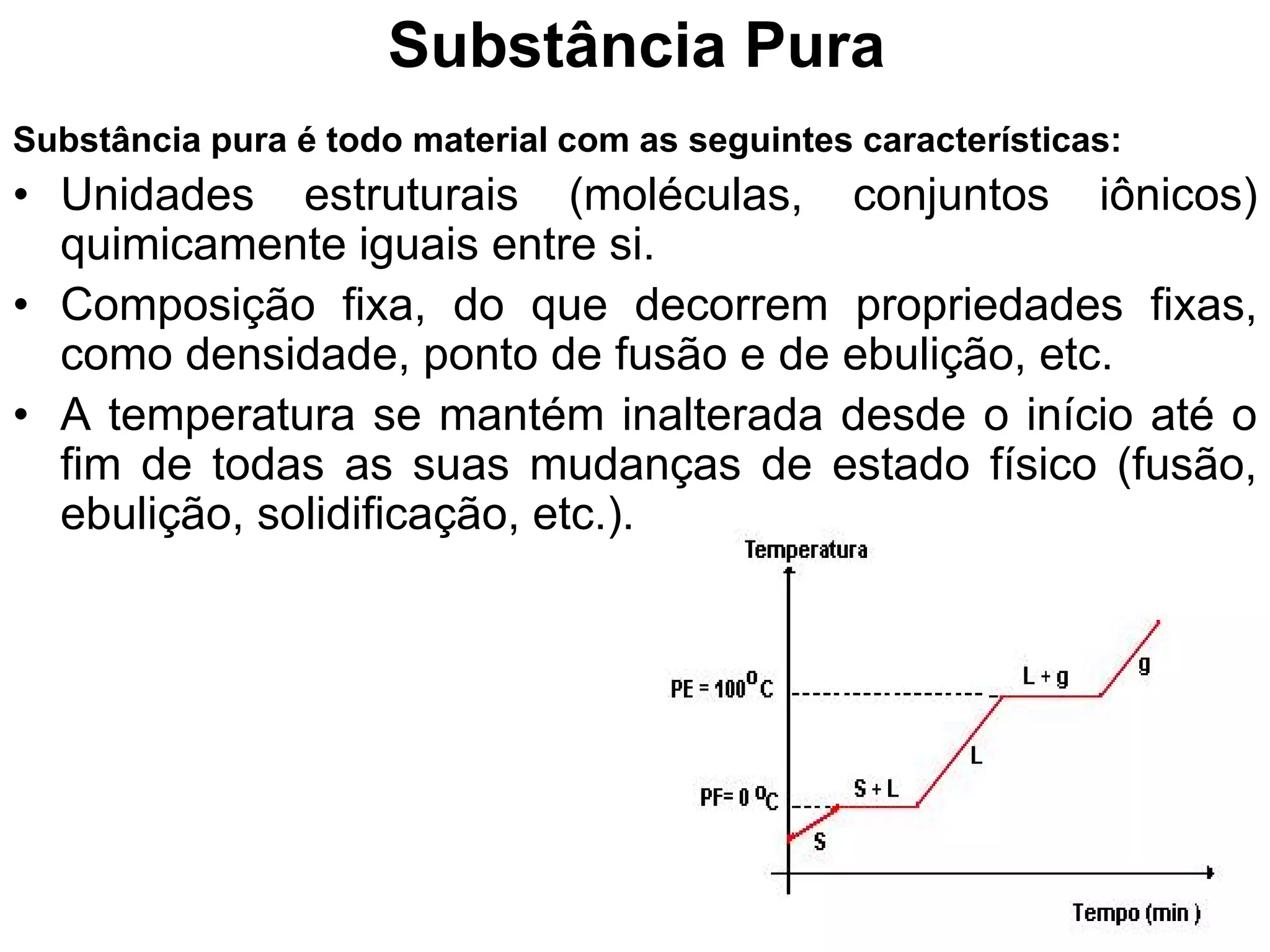 Substância Pura
Substância pura é todo material com as seguintes características:
• Unidades estruturais (moléculas, conjuntos iônicos)
quimicamente iguais entre si.
• Composição fixa, do que decorrem propriedades fixas,
como densidade, ponto de fusão e de ebulição, etc.
• A temperatura se mantém inalterada desde o início até o
fim de todas as suas mudanças de estado físico (fusão,
ebulição, solidificação, etc.).
 