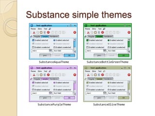 Substance simple themes



  SubstanceAquaTheme     SubstanceBottleGreenTheme




  SubstancePurpleTheme      SubstanceOliveTheme
 