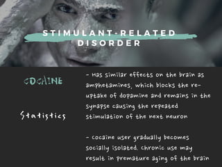 S T I M U L A N T - R E L A T E D
D I S O R D E R
COCAINE -Hassimilareffectsonthebrainas
amphetamines,whichblocksthere-
uptakeofdopamineandremainsinthe
synapsecausingtherepeated
stimulationofthenextneuron
-Cocaineusergraduallybecomes
sociallyisolated.Chronicusemay
resultinprematureagingofthebrain
S t a t i s t i c s
 