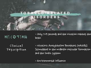 T O B A C C O - R E L A T E D
D I S O R D E R S
NICOTINE -Only7-19secondsandthenicotinereachesthe
brain
-NicotinicAcetylcholineReceptors(nAChRs).
Stimulatedinthemidbrainreticularformation
andthelimbicsystem
-Environmentalinfluence
C l i n i c a l
D e s c r i p t i o n
 