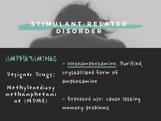 S T I M U L A N T - R E L A T E D
D I S O R D E R
AMPHETAMINES -Methamphetamine.Purified,
crystallizedformof
amphetamine
-Repeateduse:causelasting
memoryproblems
D e s i g n e r D r u g s :
M e t h y l e n e d i o x y
m e t h a m p h e t a m i
n e ( M D M A )
 