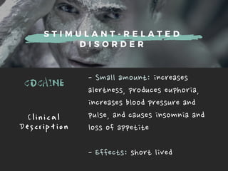 S T I M U L A N T - R E L A T E D
D I S O R D E R
COCAINE -Smallamount:increases
alertness,produceseuphoria,
increasesbloodpressureand
pulse,andcausesinsomniaand
lossofappetite
-Effects:shortlived
C l i n i c a l
D e s c r i p t i o n
 