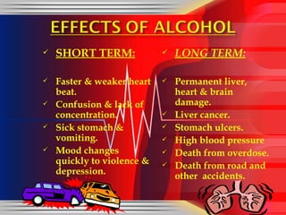 SHORT TERM: Faster & weaker heart beat. Confusion & lack of concentration. Sick stomach & vomiting. Mood changes quickly to violence & depression. LONG TERM: Permanent liver, heart & brain damage. Liver cancer. Stomach ulcers. High blood pressure Death from overdose. Death from road and other  accidents. 