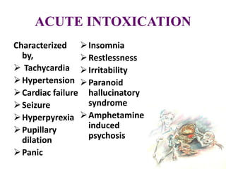 ACUTE INTOXICATION
Characterized
by,
 Tachycardia
Hypertension
Cardiac failure
Seizure
Hyperpyrexia
Pupillary
dilation
Panic
Insomnia
Restlessness
Irritability
Paranoid
hallucinatory
syndrome
Amphetamine
induced
psychosis
 