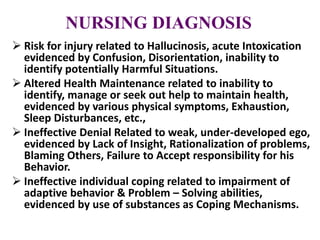 NURSING DIAGNOSIS
 Risk for injury related to Hallucinosis, acute Intoxication
evidenced by Confusion, Disorientation, inability to
identify potentially Harmful Situations.
 Altered Health Maintenance related to inability to
identify, manage or seek out help to maintain health,
evidenced by various physical symptoms, Exhaustion,
Sleep Disturbances, etc.,
 Ineffective Denial Related to weak, under-developed ego,
evidenced by Lack of Insight, Rationalization of problems,
Blaming Others, Failure to Accept responsibility for his
Behavior.
 Ineffective individual coping related to impairment of
adaptive behavior & Problem – Solving abilities,
evidenced by use of substances as Coping Mechanisms.
 