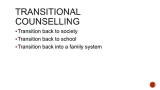 Transition back to society
Transition back to school
Transition back into a family system
 