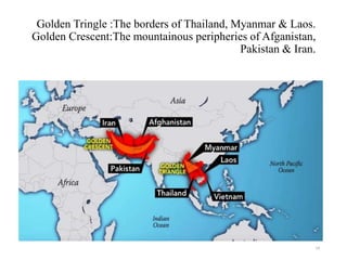 Golden Tringle :The borders of Thailand, Myanmar & Laos.
Golden Crescent:The mountainous peripheries of Afganistan,
Pakistan & Iran.
14
 