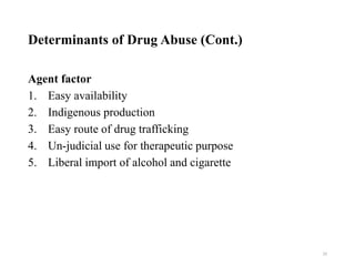 Determinants of Drug Abuse (Cont.)
Agent factor
1. Easy availability
2. Indigenous production
3. Easy route of drug trafficking
4. Un-judicial use for therapeutic purpose
5. Liberal import of alcohol and cigarette
20
 