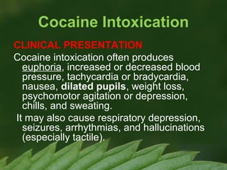 Cocaine Intoxication
CLINICAL PRESENTATION
Cocaine intoxication often produces
euphoria, increased or decreased blood
pressure, tachycardia or bradycardia,
nausea, dilated pupils, weight loss,
psychomotor agitation or depression,
chills, and sweating.
It may also cause respiratory depression,
seizures, arrhythmias, and hallucinations
(especially tactile).

 