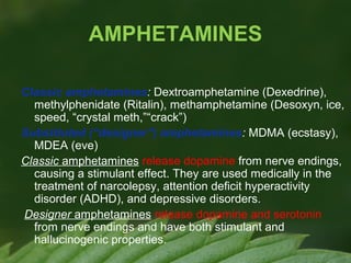 AMPHETAMINES
Classic amphetamines: Dextroamphetamine (Dexedrine),
methylphenidate (Ritalin), methamphetamine (Desoxyn, ice,
speed, “crystal meth,”“crack”)
Substituted (“designer”) amphetamines: MDMA (ecstasy),
MDEA (eve)
Classic amphetamines release dopamine from nerve endings,
causing a stimulant effect. They are used medically in the
treatment of narcolepsy, attention deficit hyperactivity
disorder (ADHD), and depressive disorders.
Designer amphetamines release dopamine and serotonin
from nerve endings and have both stimulant and
hallucinogenic properties.

 