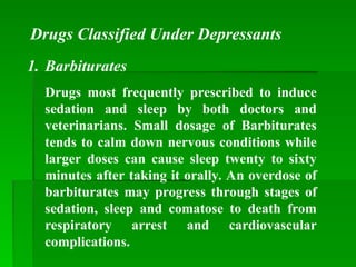 Drugs Classified Under Depressants
1. Barbiturates
Drugs most frequently prescribed to induce
sedation and sleep by both doctors and
veterinarians. Small dosage of Barbiturates
tends to calm down nervous conditions while
larger doses can cause sleep twenty to sixty
minutes after taking it orally. An overdose of
barbiturates may progress through stages of
sedation, sleep and comatose to death from
respiratory arrest and cardiovascular
complications.
 