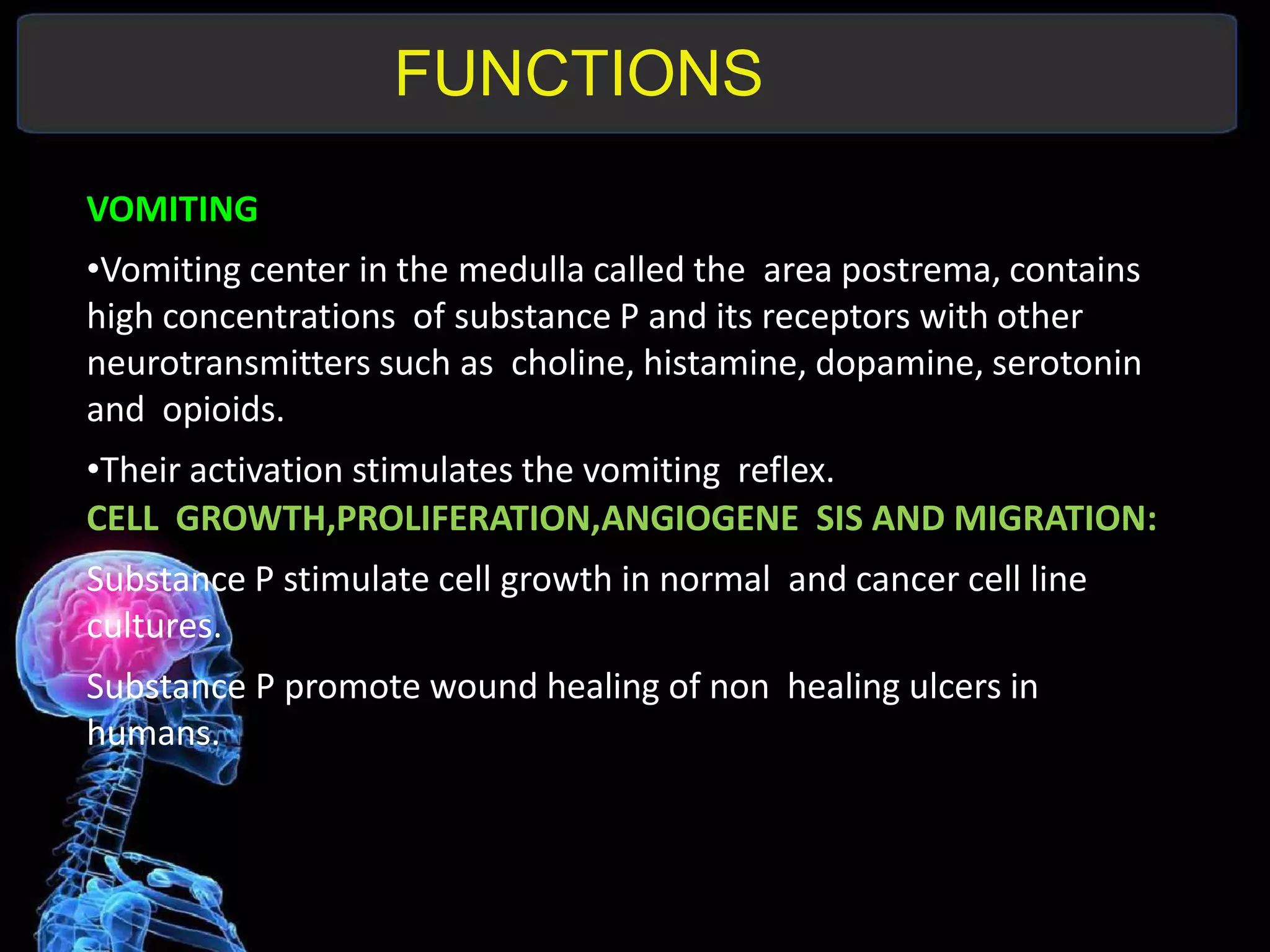 FUNCTIONS
VOMITING
•Vomiting center in the medulla called the area postrema, contains
high concentrations of substance P and its receptors with other
neurotransmitters such as choline, histamine, dopamine, serotonin
and opioids.
•Their activation stimulates the vomiting reflex.
CELL GROWTH,PROLIFERATION,ANGIOGENE SIS AND MIGRATION:
Substance P stimulate cell growth in normal and cancer cell line
cultures.
Substance P promote wound healing of non healing ulcers in
humans.
 