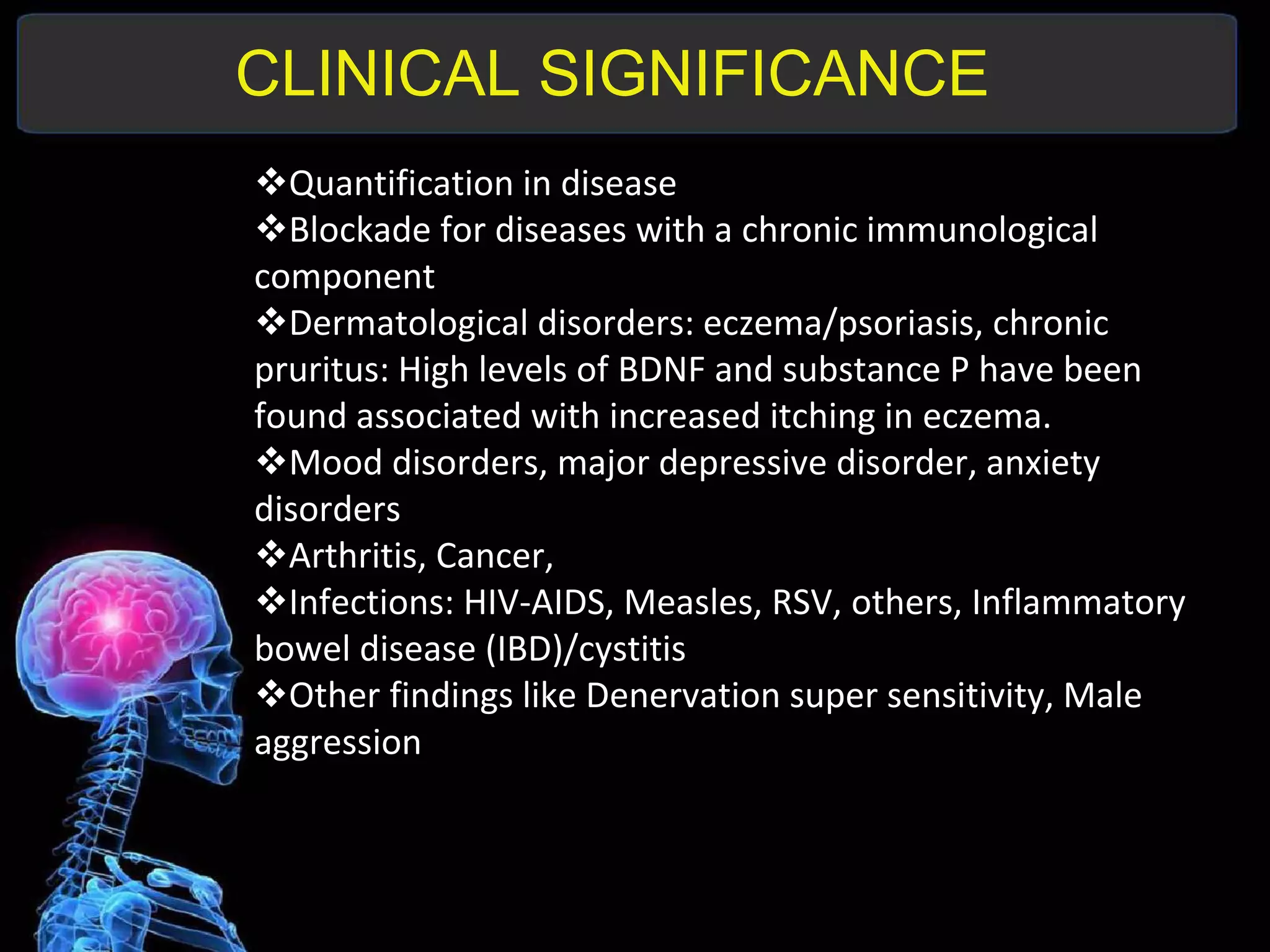 Quantification in disease
Blockade for diseases with a chronic immunological
component
Dermatological disorders: eczema/psoriasis, chronic
pruritus: High levels of BDNF and substance P have been
found associated with increased itching in eczema.
Mood disorders, major depressive disorder, anxiety
disorders
Arthritis, Cancer,
Infections: HIV-AIDS, Measles, RSV, others, Inflammatory
bowel disease (IBD)/cystitis
Other findings like Denervation super sensitivity, Male
aggression
CLINICAL SIGNIFICANCE
 
